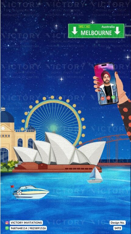 Ivory and Blue Whimsical Theme Indian Electronic Wedding Invites with Couple Caricature and Location Illustrations, Design no. 1472