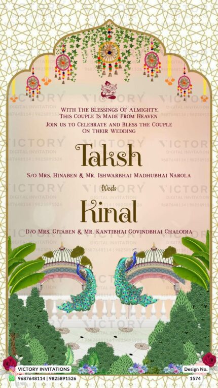 Shimmering Pastel Shaded and Gold Vintage Tropical Theme Indian Online Wedding Invites with Wedding Doodle and Miniature Illustrations, Design no. 1574