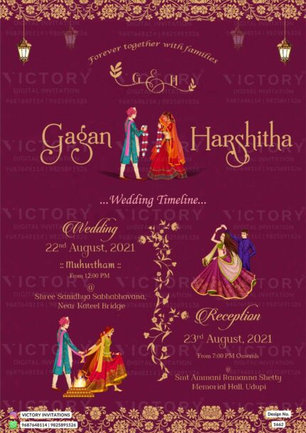 "A Magnificent Indian Wedding Invitation Unveiling the Irresistible Allure of Magenta-Red Backdrop and Captivating Doodles" Design no. 1662