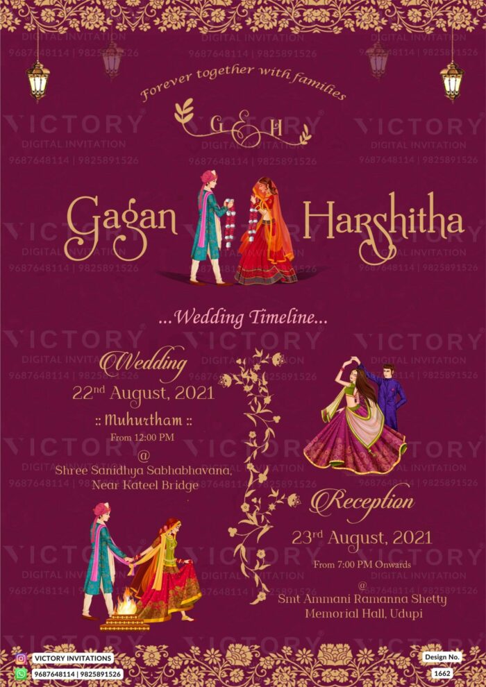 "A Magnificent Indian Wedding Invitation Unveiling the Irresistible Allure of Magenta-Red Backdrop and Captivating Doodles" Design no. 1662