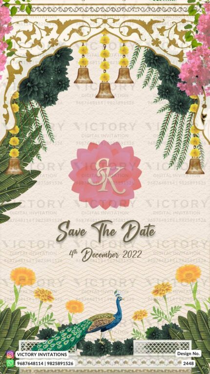 "Rustic Ivory Charm and Traditional Flair Unite in These Exquisite Save The Date E-Cards Featuring Peacocks, and Floral Delights" Design no. 2448