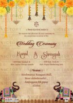 A Majestic Wedding Invitation with a Backdrop of Rose Gold, Ganesha's logo, captivating doodles of the couple, Floral Arrangements of Marigolds, and Grandiose Elephants, design no.1701
