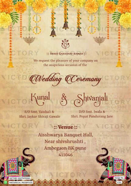 Wedding ceremony invitation card of hindu maharashtrian marathi family in English language with floral theme design 1701