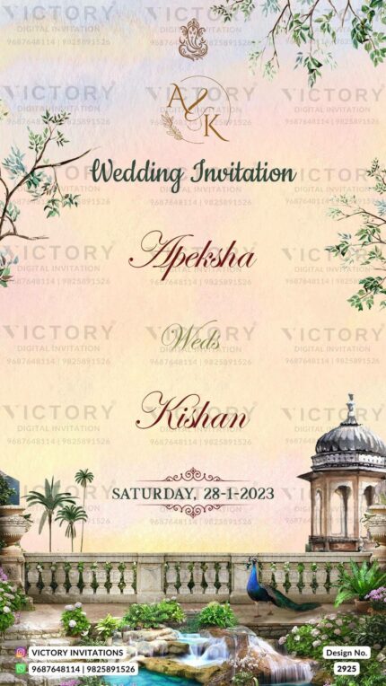 Water-colored Pink and Blue Tropical Vintage Whimsical Theme Indian Wedding E-invites with Original Family Portrait, Design no. 2925