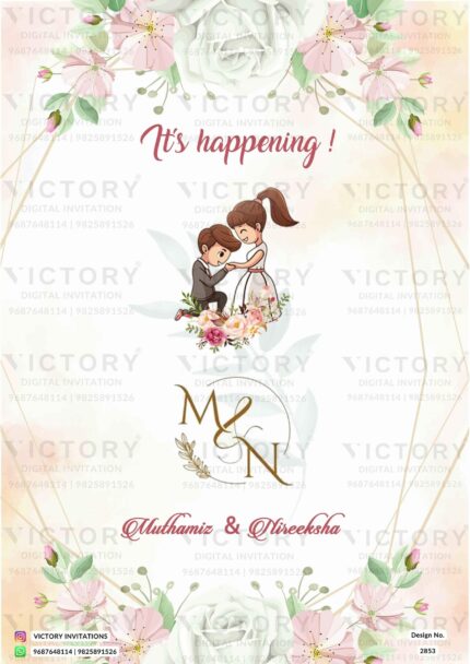 Rustic Floral Theme Wedding Invitation card with Couple Doodle and heart illustration on Creamendor Background. Design no. 2853