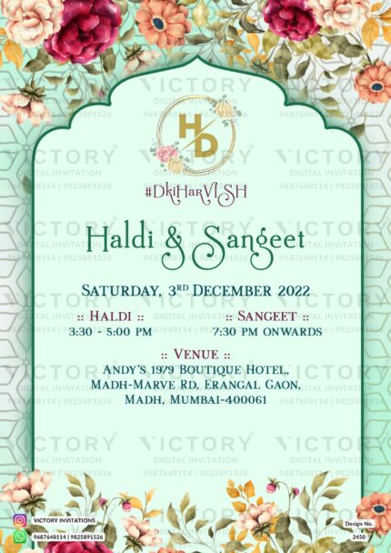 Pastel-Shaded Vintage Floral Theme Indian Online Wedding Invitations with Festive Couple Caricature Illustrations, Design no. 2450