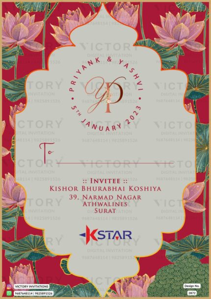Wedding ceremony invitation card of hindu gujarati patel family in English language with artistic floral theme design 2872
