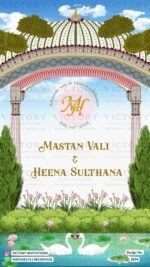 "A Majestic Indian-Hindu Wedding Invitation Unveiled on Blue and Green Shaded Regal Garden Theme Backgrounds, Adorned with a Captivating Caricature, Lush Elements, and Exquisite Details" Design no. 2574