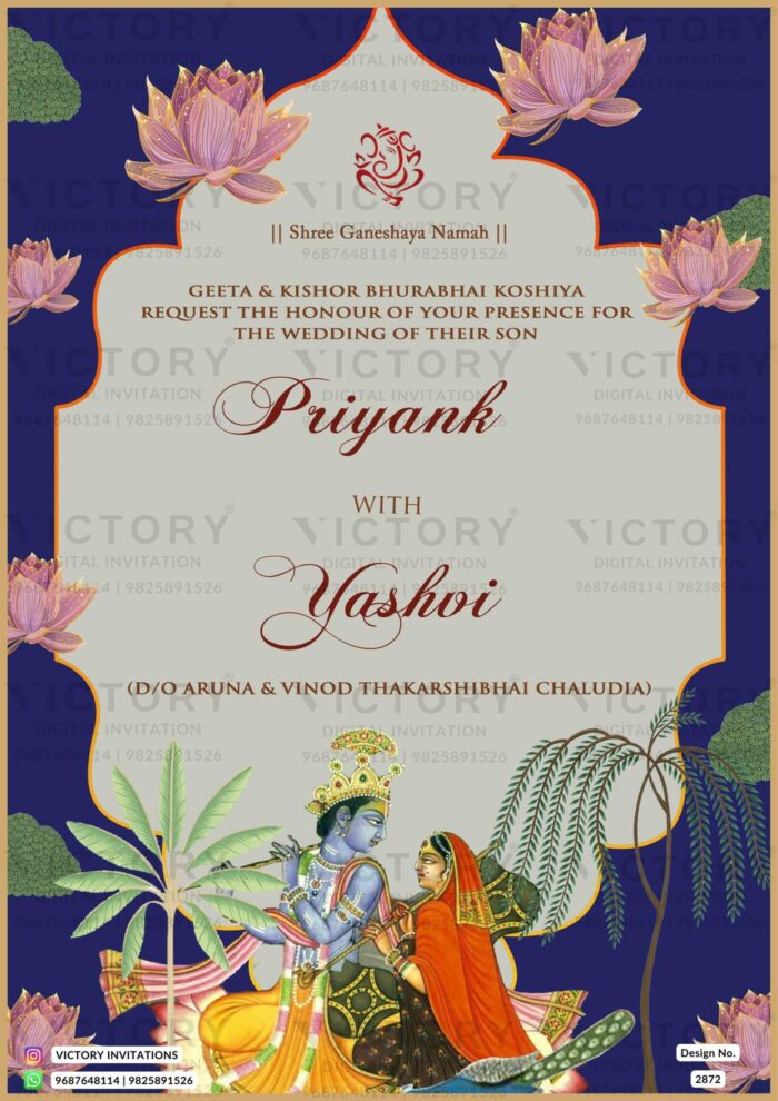 A Digital Wedding Ceremony Invitation Cards in Vibrant Hues with pink Lotus illustrating with couple's logo. Design no. 2872