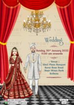 Pastel and Vibrant Shaded Whimsical and Vintage Theme Indian Digital Wedding Cards with Wedding Doodles and Couple Caricature Illustrations, Design no. 1164