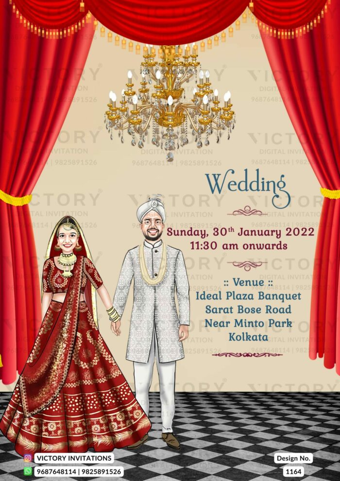 Pastel and Vibrant Shaded Whimsical and Vintage Theme Indian Digital Wedding Cards with Wedding Doodles and Couple Caricature Illustrations, Design no. 1164