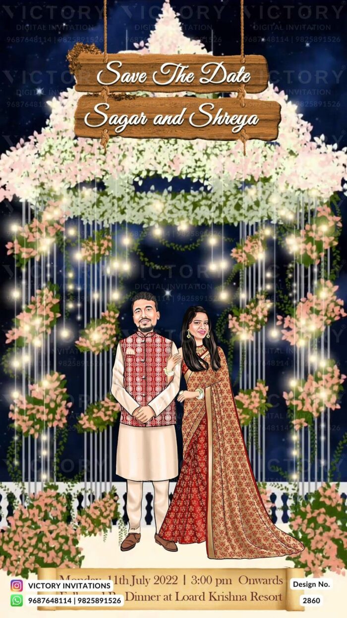 Lavish Pastel and Vibrant Shaded Traditional Whimsical Theme Indian Wedding Save the Date Invites with Couple Caricature Illustrations, Design no. 2860