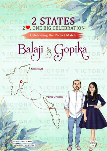Pastel Green and Blue Whimsical Floral Theme Ravishing Indian Wedding E-invitations with Diverse Couple Caricature Illustrations, Design no. 1961
