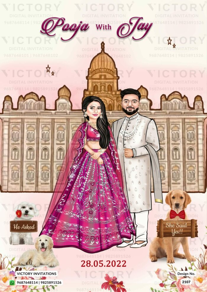 Glittery couple caricature invitation card for wedding ceremony of hindu rajasthani royal family in english language with Artistic theme design 2107