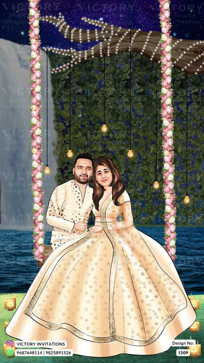 Dark and Pastel Shaded Traditional Whimsical Theme Indian Digital Wedding Cards with Couple Caricature Illustration, Design no. 1509