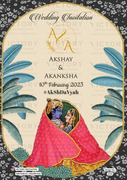Lavish Pastel Shaded Whimsical Tropical Botanical Theme Indian Wedding E-invites with Sikh Wedding and Couple Caricature Illustrations, Design no. 2234
