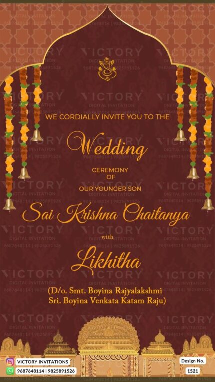 A Stunning Wedding Invitation with Brown Derby Backdrop, Golden Arch, Lord Ganesha Logo, and Marigold Foliage Adornments,
