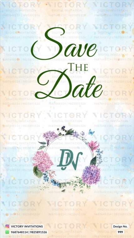 "A Captivating Save the Date Invites Featuring a Stunning Watercolor Theme Background and Charming Couple Doodle." Design No. 999