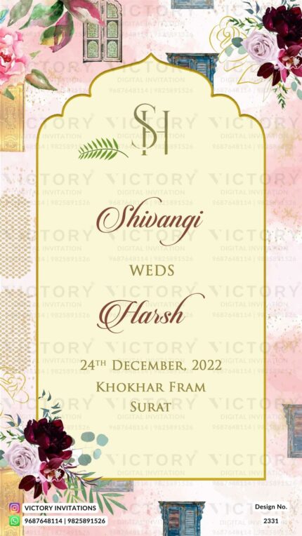 Wedding ceremony invitation card of hindu gujarati jain family in English language with arch frame theme design 2331