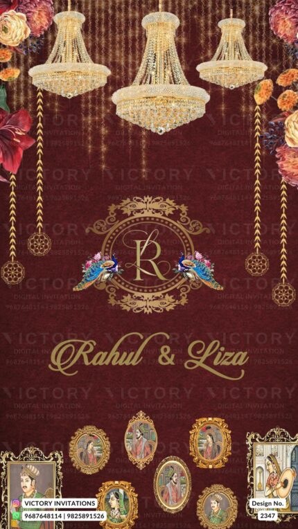 Gold and Vibrant Shaded Traditional Vintage Theme Indian Wedding E-invites with Radha Krishna and Mughal Miniature Illustrations, Design no. 2347
