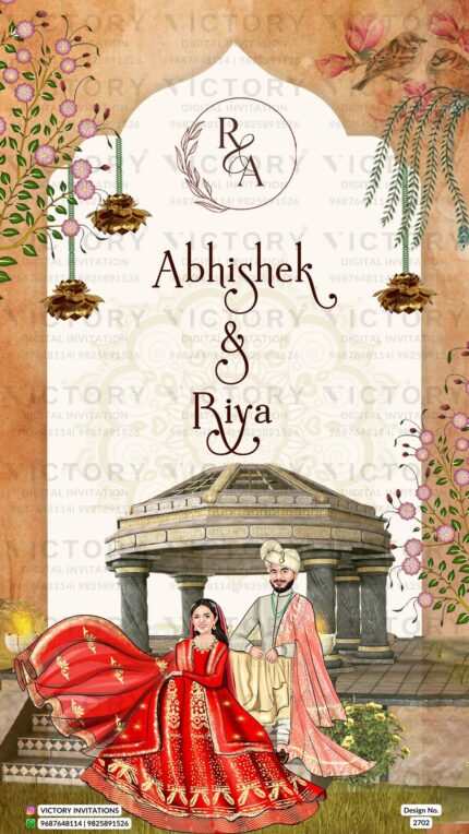 Stylish couple caricature invitation card for wedding ceremony of hindu gujarati kathiyawadi family in english language with Floral Arch theme design 2702