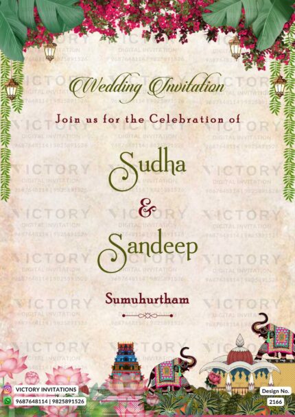 "A Traditional Virtual Wedding Invitation with a Lush Antique White Pastel Backdrop, Intricate Floral Elements, and Captivating Caricature." Design no. 2166