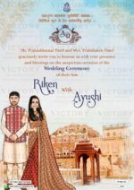 Regal Wedding Invitation Adorned with Sky Shaded Backdrop, Mighty Ganesha Logo, Captivating Couple Caricature and Doodles, and Majestic Hawamahal Theme