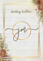 Romantic Peach-Colored Wedding Invitation with Elegant Goldish Frame, Charming Couple Doodle and Brown roses delights. Design no.2210