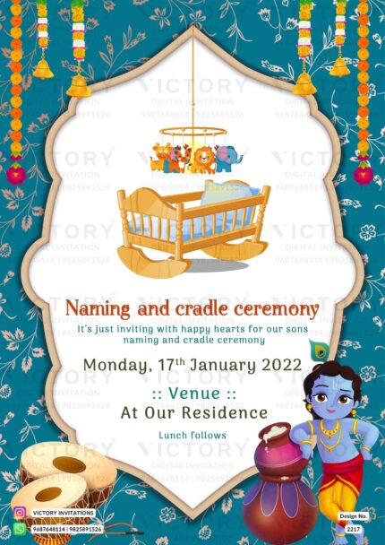 The Magnificence of a Cradle Ceremony Card - Embellished with God Ganesha logo, Krishna's doodles, and Marigold embellishments." Design no. 2217