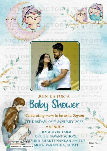 "An Exquisite Digital Baby Shower Invitation Featuring a Captivating Design with Lovebirds, Essential Details and Real Images of the Couple and Family" Design no. 1927