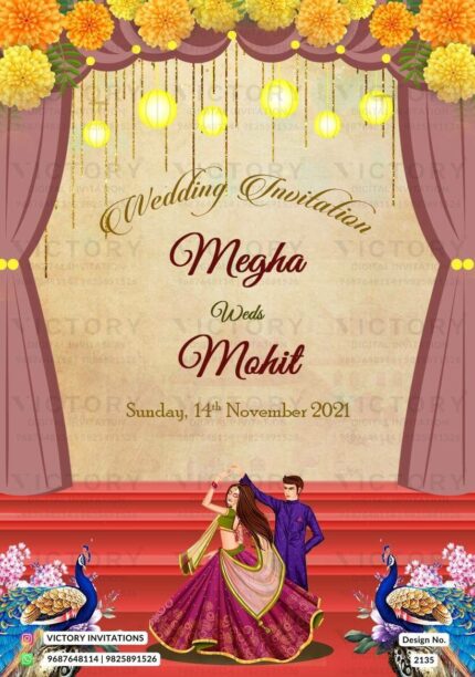 Rustic Beige and Gold Vintage Theme Indian Electronic Wedding Invites with Classic Indian Bride and Groom Doodle Illustrations, Design no. 2135