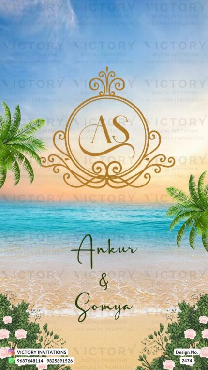 Gradient Blue and Beige Tropical Beach Theme Indian Electronic Wedding Invites with Festive Couple Illustrations, Design no. 2474