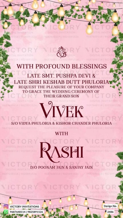 Water-colored Pastel Pink and Green Floral Theme Indian Digital Wedding Invitations with Indian Wedding Doodle Illustrations, Design no. 2486