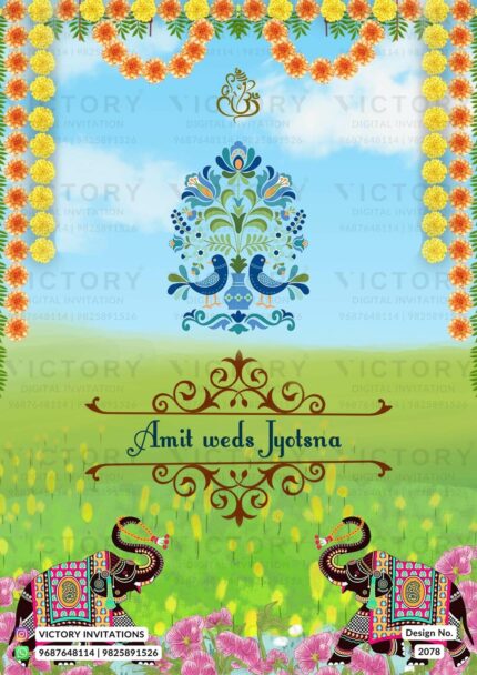 A Wedding E-card with a Sky-Blue Backdrop with Doodles Couple, Ganesha Motif, stunning Fanse, and Pillar Temple and Ganesh-Chaturthi illustrations, design no.2078