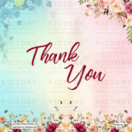 A Mesmerizing Thank You Card Awash in vibrant baby pink, blue, and yellow Backdrop, Embellished with bluish florals and vintage roses, design no.1616