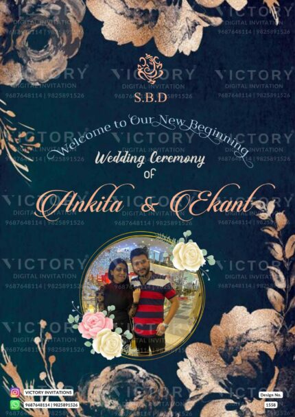 "Unveiling a Breathtaking Wedding Invitation Card: A Magnificent Design of Tealish Blue Texture, Exquisite Golden Glitter Rose Flower, and Sophisticated Details Featuring Couple's Image for an Indian Hindu Wedding Celebration"