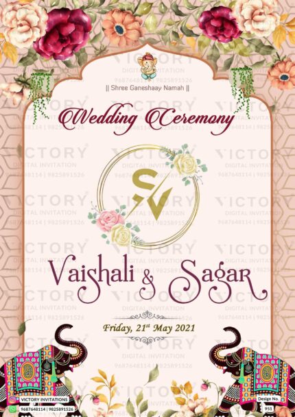 Pastel-Shaded Vintage Floral Theme Indian Gujarati Online Wedding Cards with Festive Indian Wedding Doodle Illustrations
