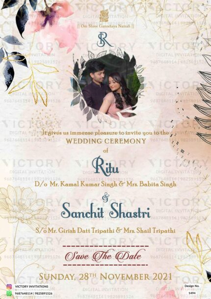 Exquisite Floral-themed Wedding Invitation in Shades of Pink adorned with an Intricate Ganesha Motif, Vintage Couple Image, and Traditional Attire Doodles,
