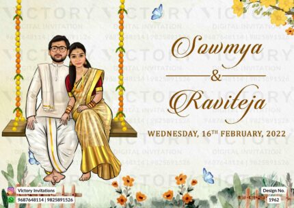 Sitting Romantic couple caricature invitation card for wedding ceremony of hindu south indian telugu family in english language with Garden theme design 1962