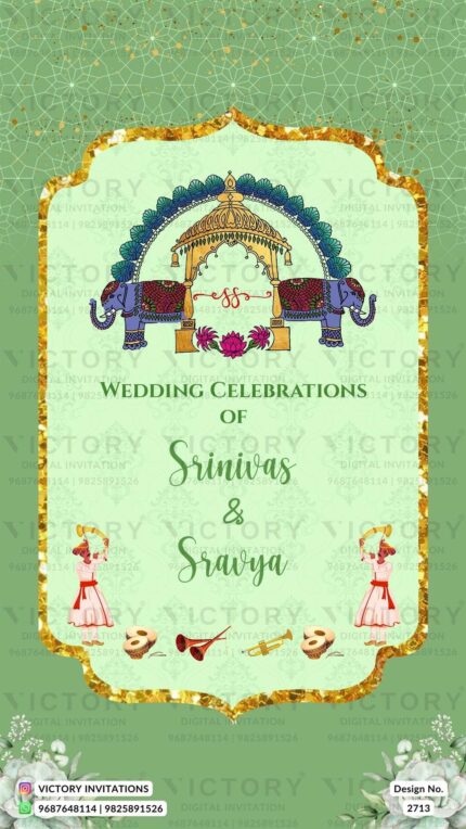 Pastel Green and Gold Vintage Whimsical Theme Indian Digital Mehendi Ceremony Invitation Cards, design no. 2713
