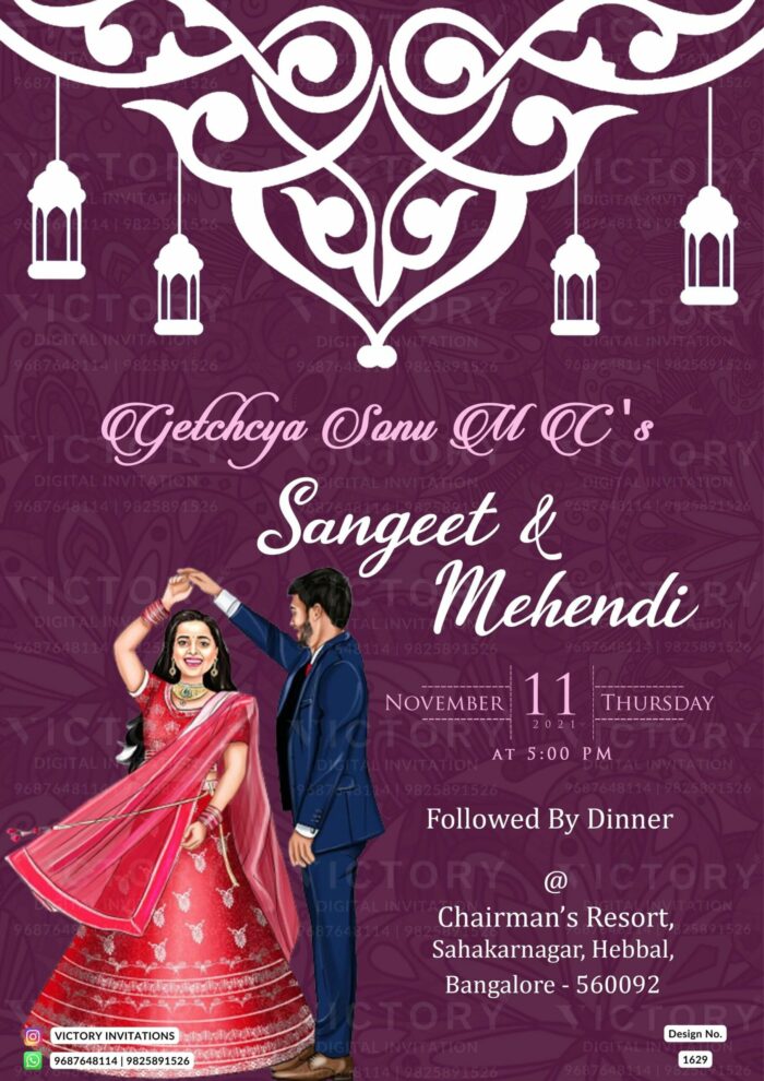 Romantic couple caricature invitation card for wedding ceremony of hindu south indian kannada family in english language with Classic theme design 1629