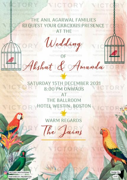 Stylish wedding invite in pink, white, and green with a birdcage, birds, leaves, drums, chandelier, and intricate pattern. Design no. 1147