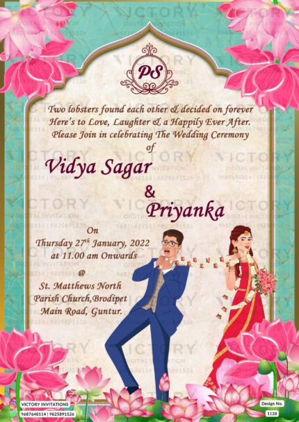 Wedding ceremony invitation card of hindu south indian telugu family in English language with Traditional theme design 1128