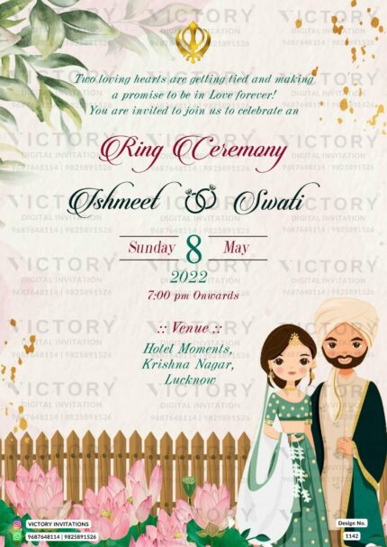 A Majestic Panjabi Engagement E-invite featuring Divine Sikh Logo, Stunning Couple Doodle, and Lush Blossoms Designs, design no.1142