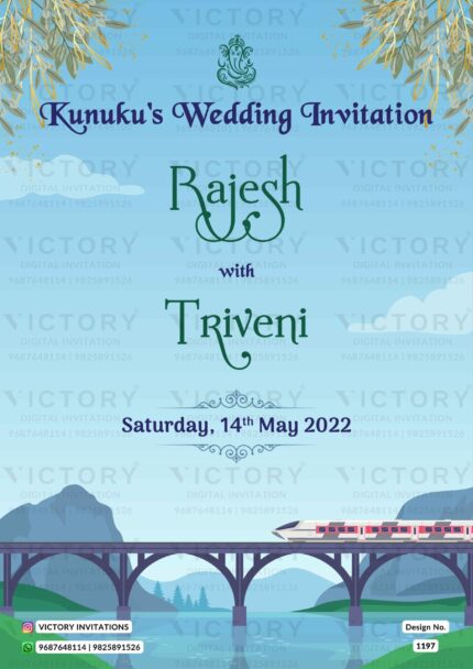 The Wedding E-Invite with Azure Skies background features Ganesha's Motif, a Magnificent couple image, and stunning Bullet Train illustration, design no.1197