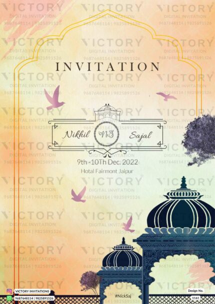 Traditional Gold and Water-colored Pastel Shaded Vintage Theme Indian Digital Wedding Invitations, design no. 1161