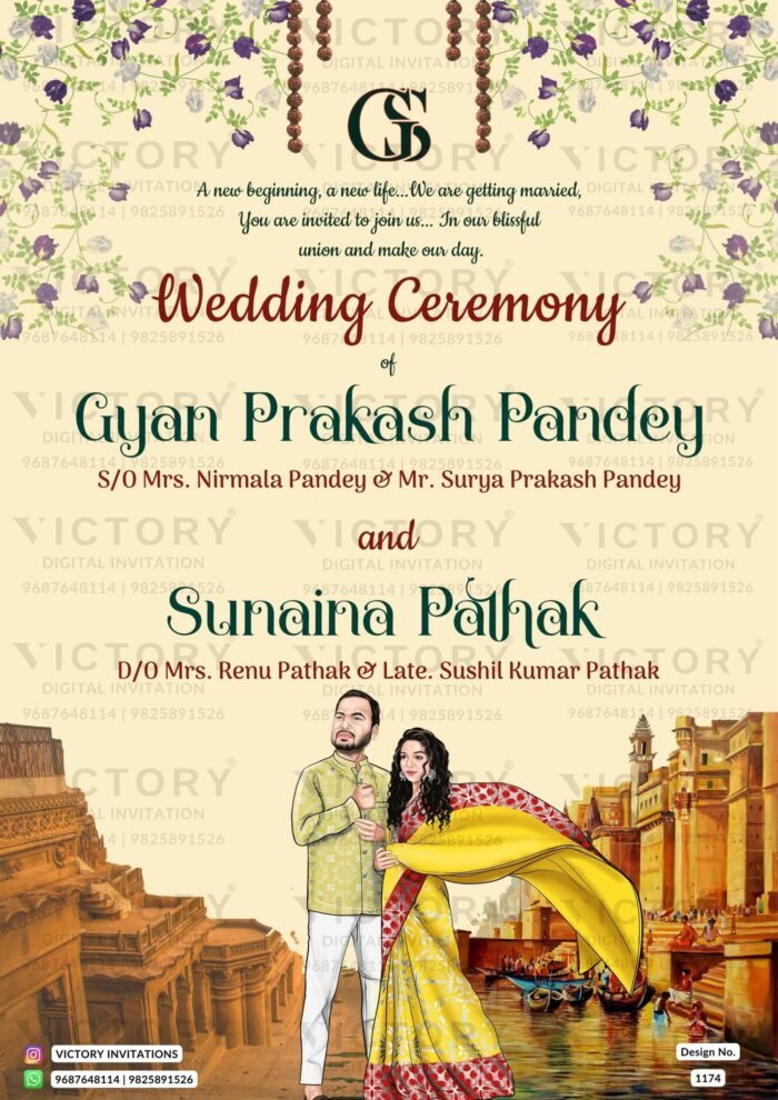 "Vibrant Indian-Hindu Wedding Invitation: Yellow Textured Background, Serene Varanasi Ghat, and Delightful Caricature of Gorgeous Couple in Traditional Attire on a Flower-Adorned Card" Design no. 1174