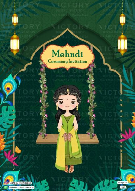A Regal Mehendi E-Invite with the backdrop of Dark Green Hues, Divine Ganesha Motif, Ornate Arch Design, and Bride's Mehendi Doodle, design no.1283