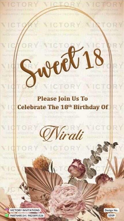 A captivating Birthday E-Invite with Soft Peach and Rose Gold backdrop, Framed in Light Brown, Adorned with Brownish Florals and Leaves, design no.1319