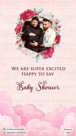 A Whimsical baby shower invitation with Misty Rose Backdrop, Captivating Parent's Portrait, Charming Baby and Mother Doodle, and the Graceful Hot Air Balloon illustration, design no.1323
